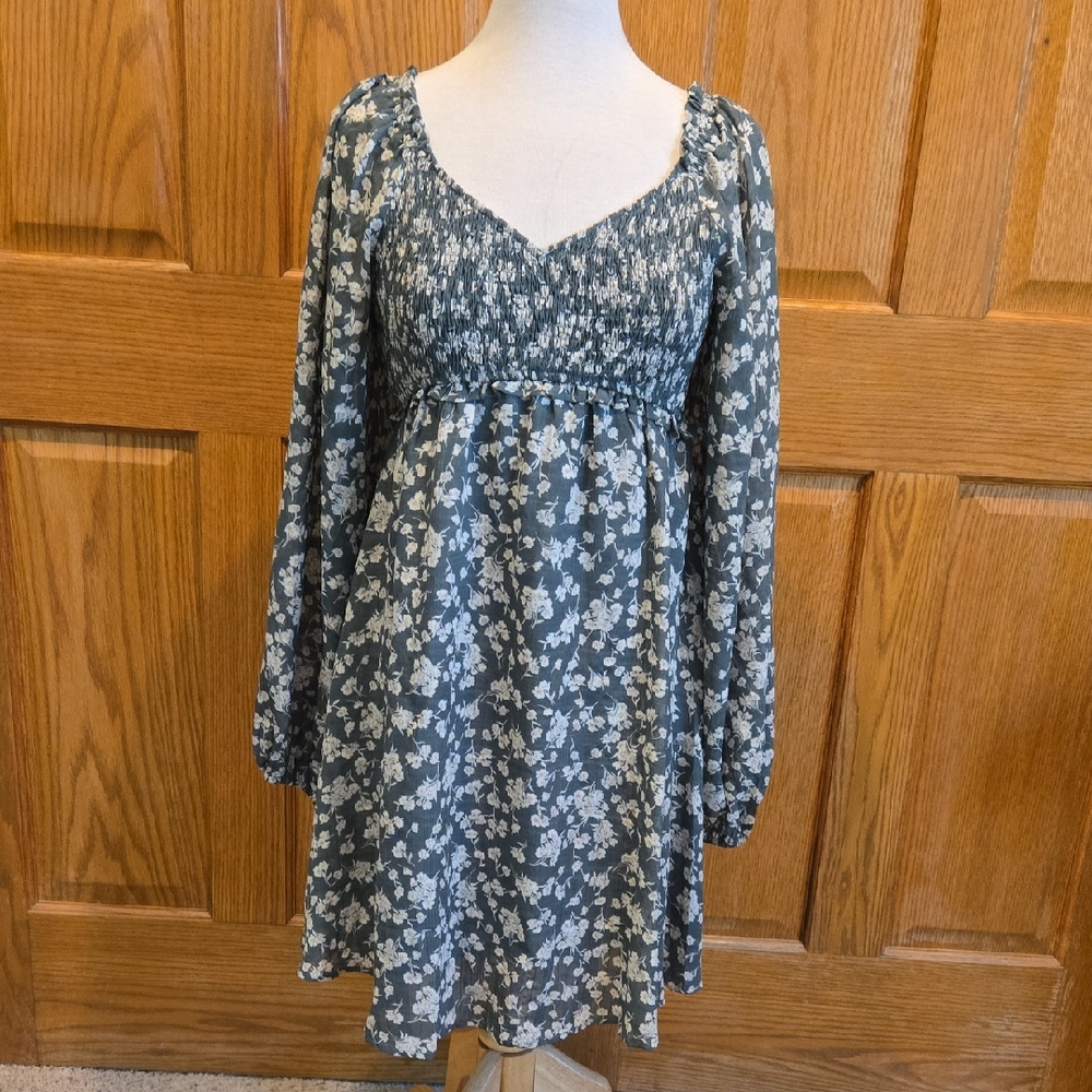 Green And Cream Floral Smocked Empire Waist Dress